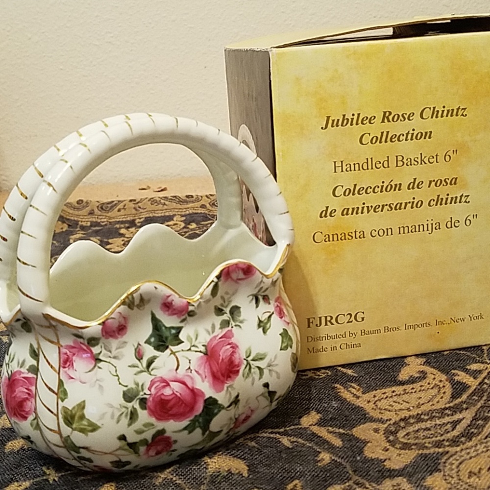 Porcelain Rose Handled Basket Display Decor